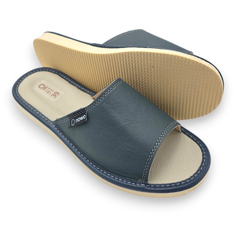 Kapcie damskie skórzane granatowo szare