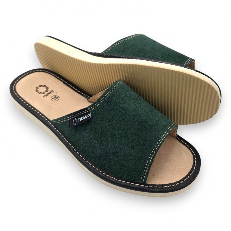 kapcie damskie skóra naturalna zamszowa butelkowa zieleń