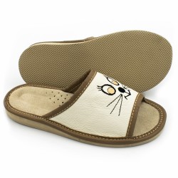 Kapcie dziecięce z buzią kotka, kremowo-brązowe