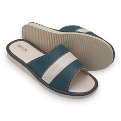 kapcie damskie skóra licowa, paski zielono bezowe