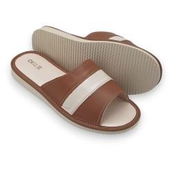 Kapcie damskie skórzane, brązowo beżowe.