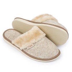 Laczki damskie, filc naturalny beżowe z futerkiem