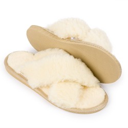 Kapcie damskie wełna naturalna eleganckie klapki, beżowe