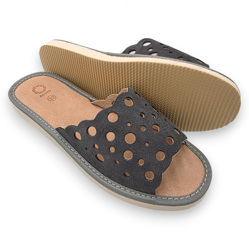 Kapcie damskie ażurowe skóra naturalna, ciemny szary