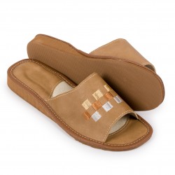 Pantofle damskie, skóra, brązowe